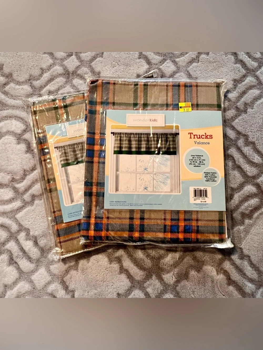 WonderKids Trucks Window Valance Plaid Nursery Curtain NIP
